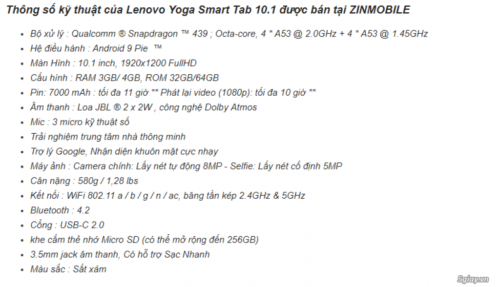 Máy Tính Bảng Lenovo Yoga Smart Tab 10.1 - Loa mạnh mẽ, tích hợp công - 4