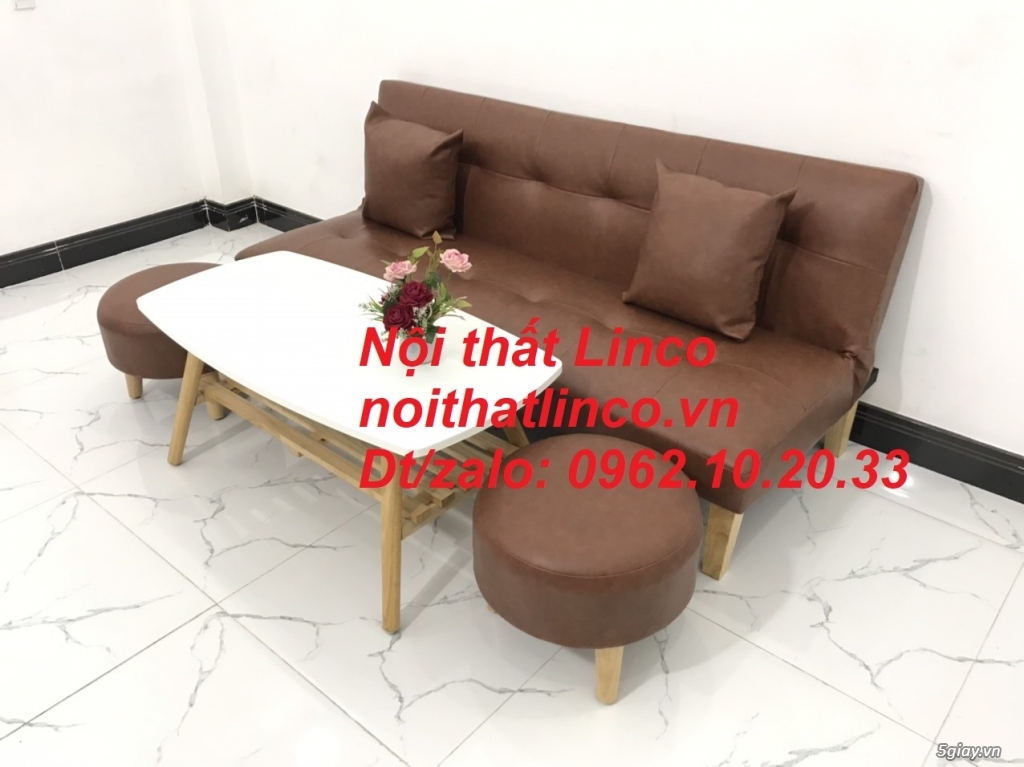 Bộ ghế sofa giường mini simili nâu cafe giá rẻ Nội thất Linco Tphcm - 5