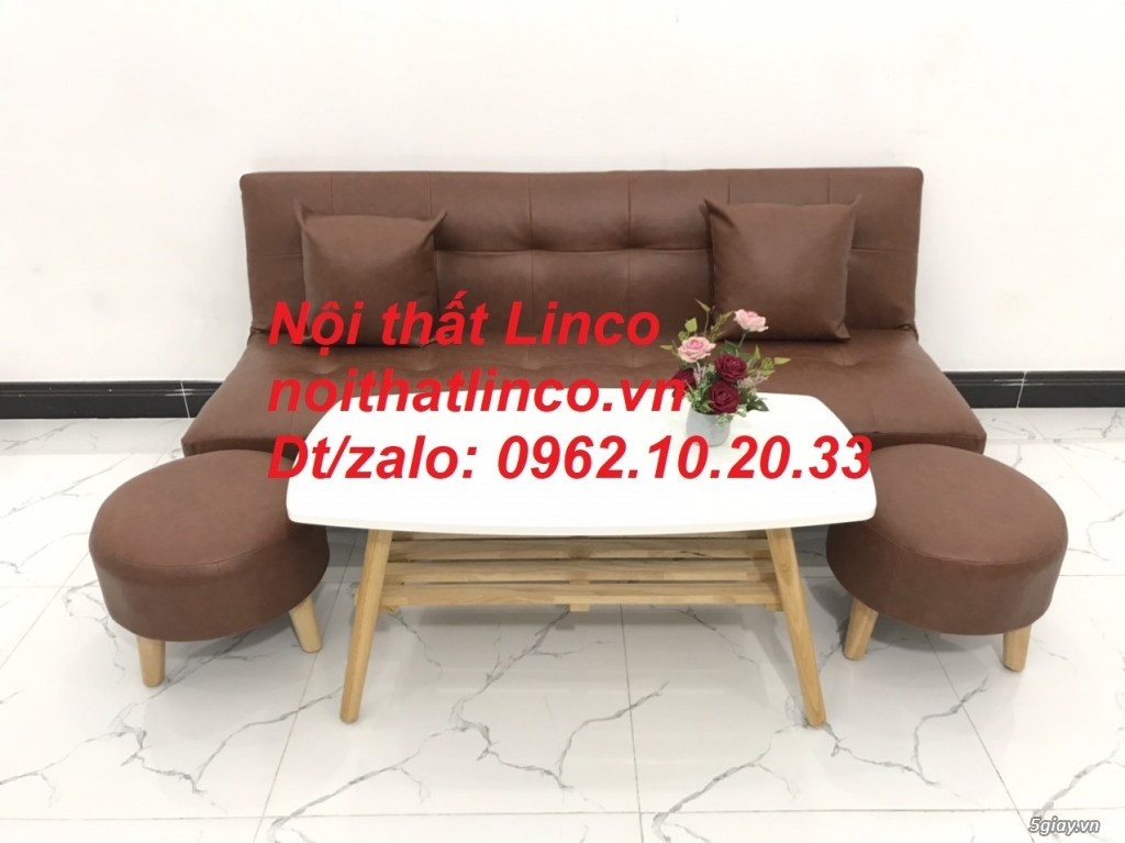 Bộ ghế sofa giường mini simili nâu cafe giá rẻ Nội thất Linco Tphcm - 4