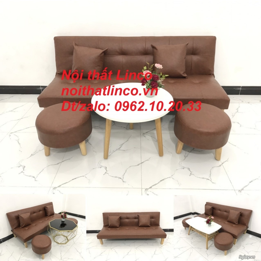 Bộ ghế sofa giường mini simili nâu cafe giá rẻ Nội thất Linco Tphcm