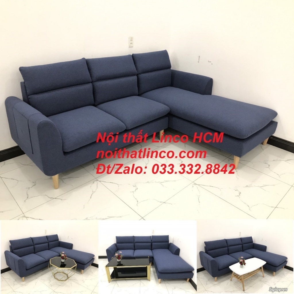 Bộ ghế sofa góc L phòng khách đẹp xanh dương đen | Nội thất Linco HCM