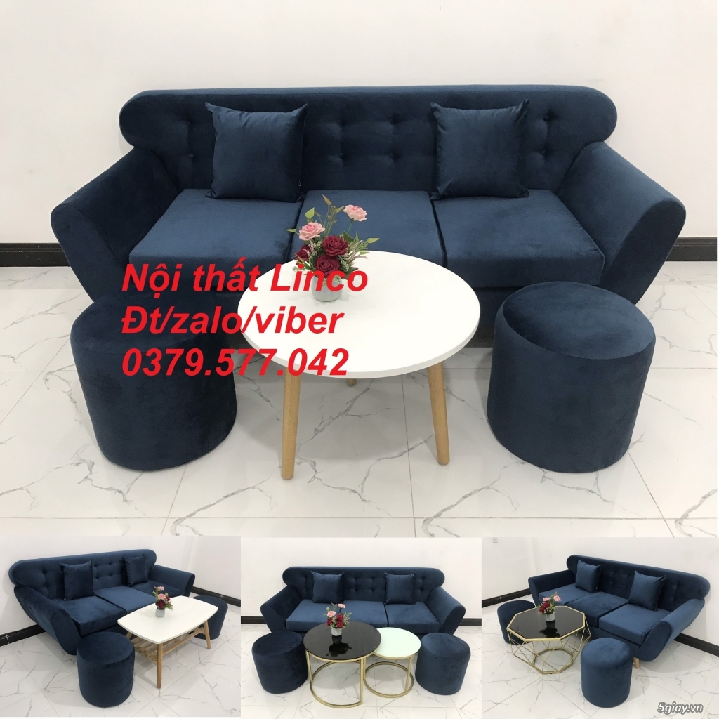 Bộ ghế sofa băng, sofa màu xanh dương đậm vải nhung Linco Kiêng Giang