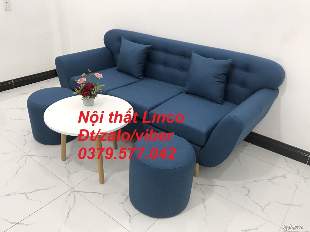Bộ ghế sofa băng, sofa văng dài màu xanh dương vải bố ở Bình Thuận - 1