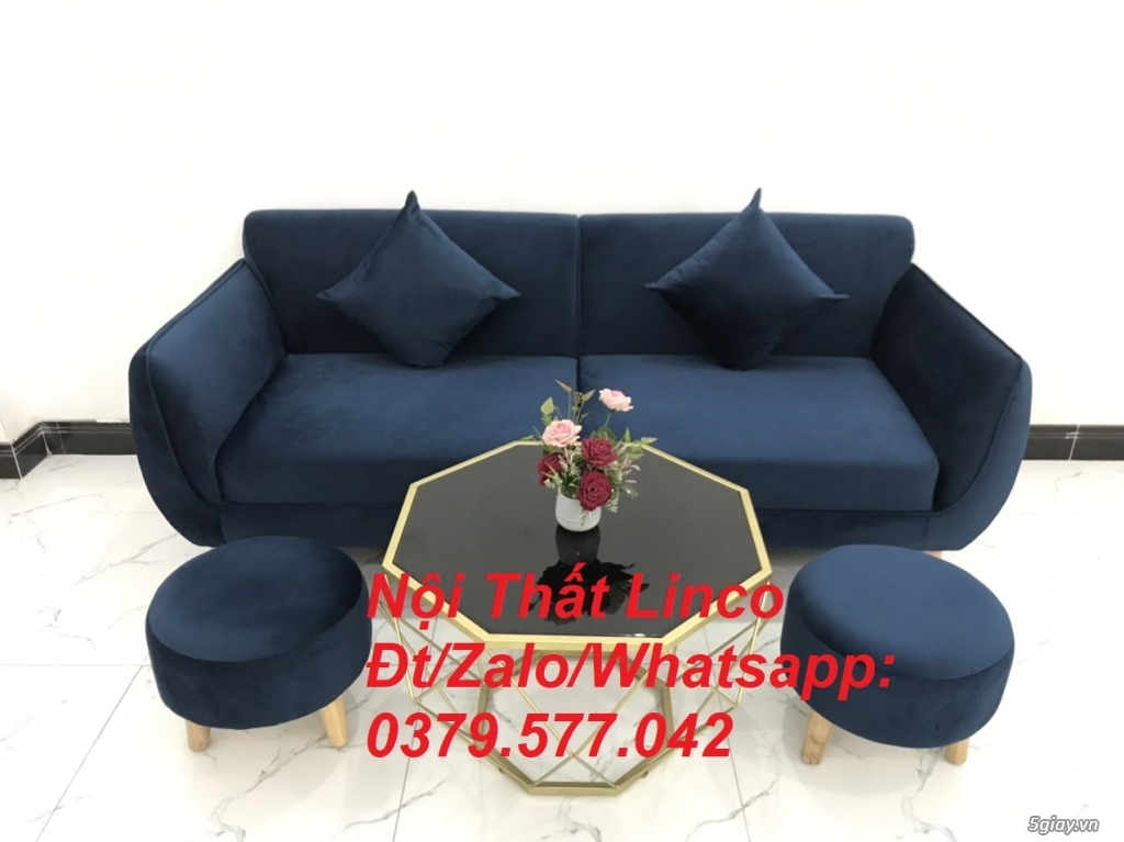 Bộ ghế sofa băng màu xanh dương đen đậm vải nhung giá rẻ đẹp Bến Tre - 3