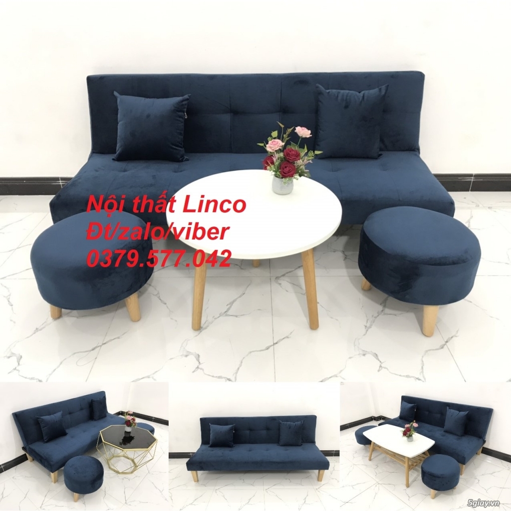 Bộ ghế sofa bed bật thành giường xanh dương đậm đen vải nhung Tây Ninh