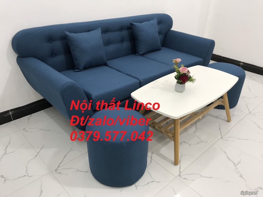 Bộ ghế sofa băng, sofa văng dài màu xanh dương vải bố ở Bình Thuận - 2