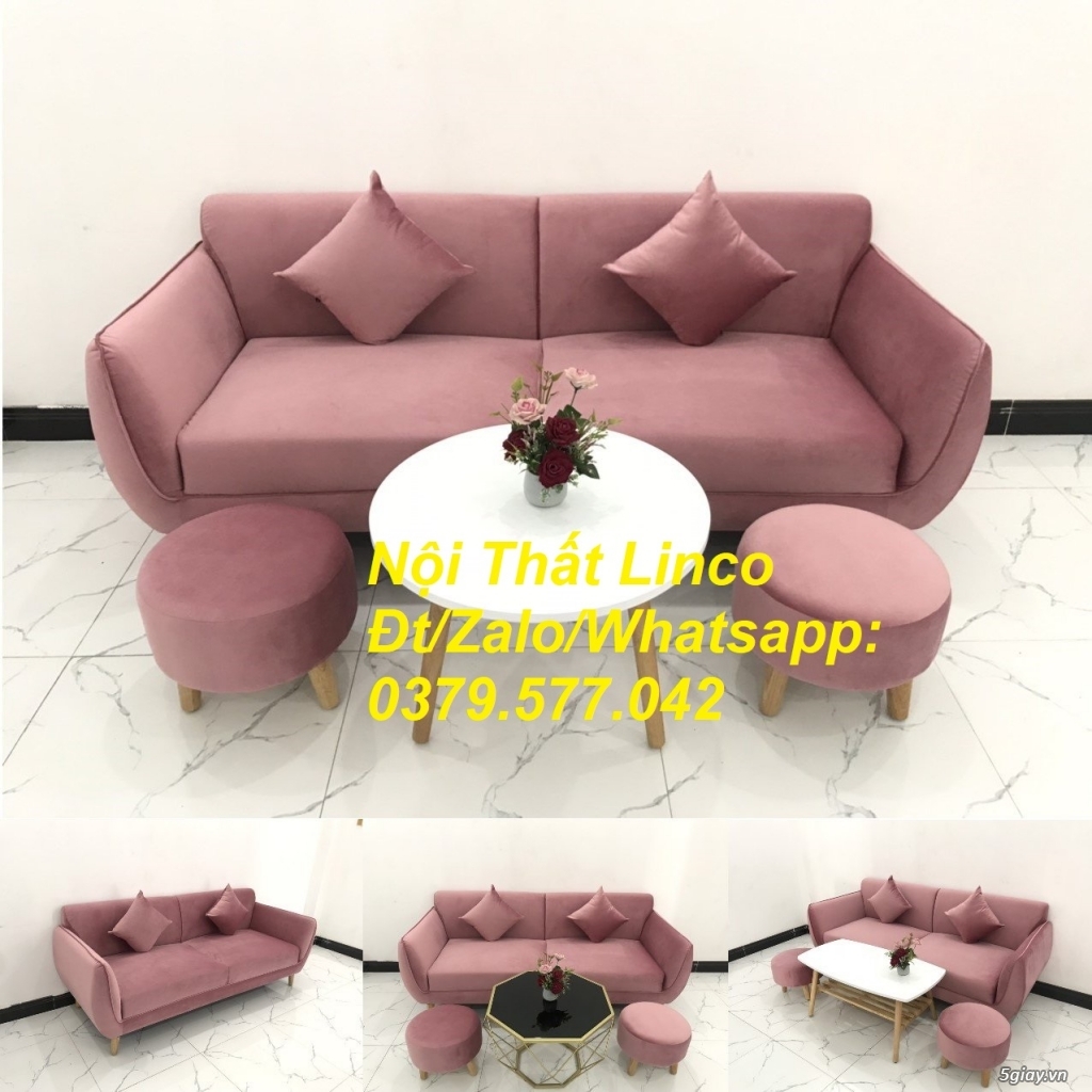 Bộ ghế sofa băng màu hồng hường vải nhung đẹp nhỏ gọn linco Bến Tre