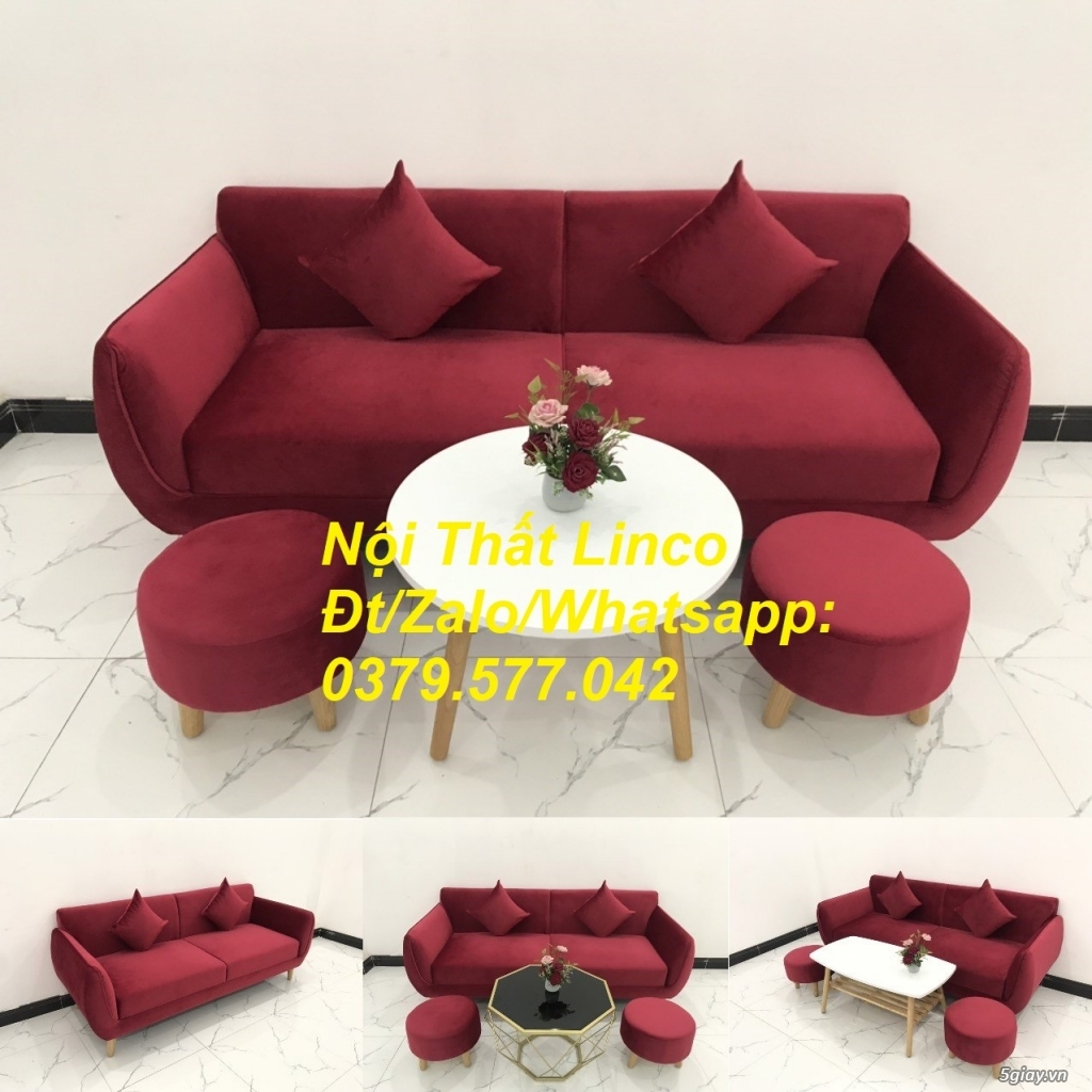 Bộ ghế sofa băng phòng khách hiện đại màu đỏ đô vải nhung Khánh Hòa