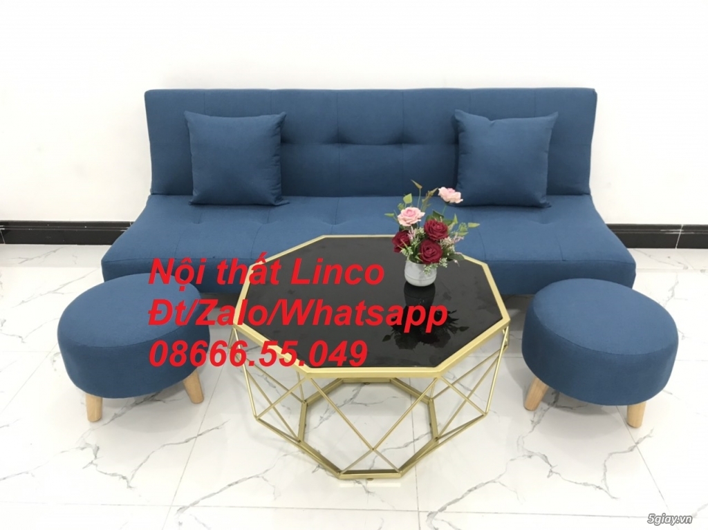 Bộ bàn ghế sofa bed xanh dương da trời vải bố rẻ ở Nội thất Phan Rang - 3