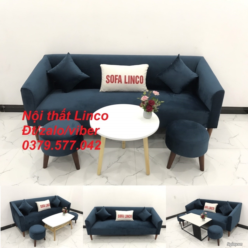 Bộ bàn ghế sofa băng văng xanh dương đậm vải nhung giá rẻ Khánh Hòa