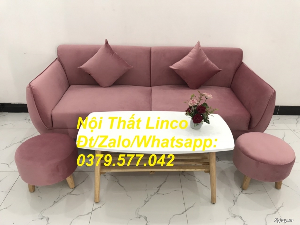 Bộ ghế sofa băng màu hồng hường vải nhung đẹp nhỏ gọn Linco Vũng Tàu - 3