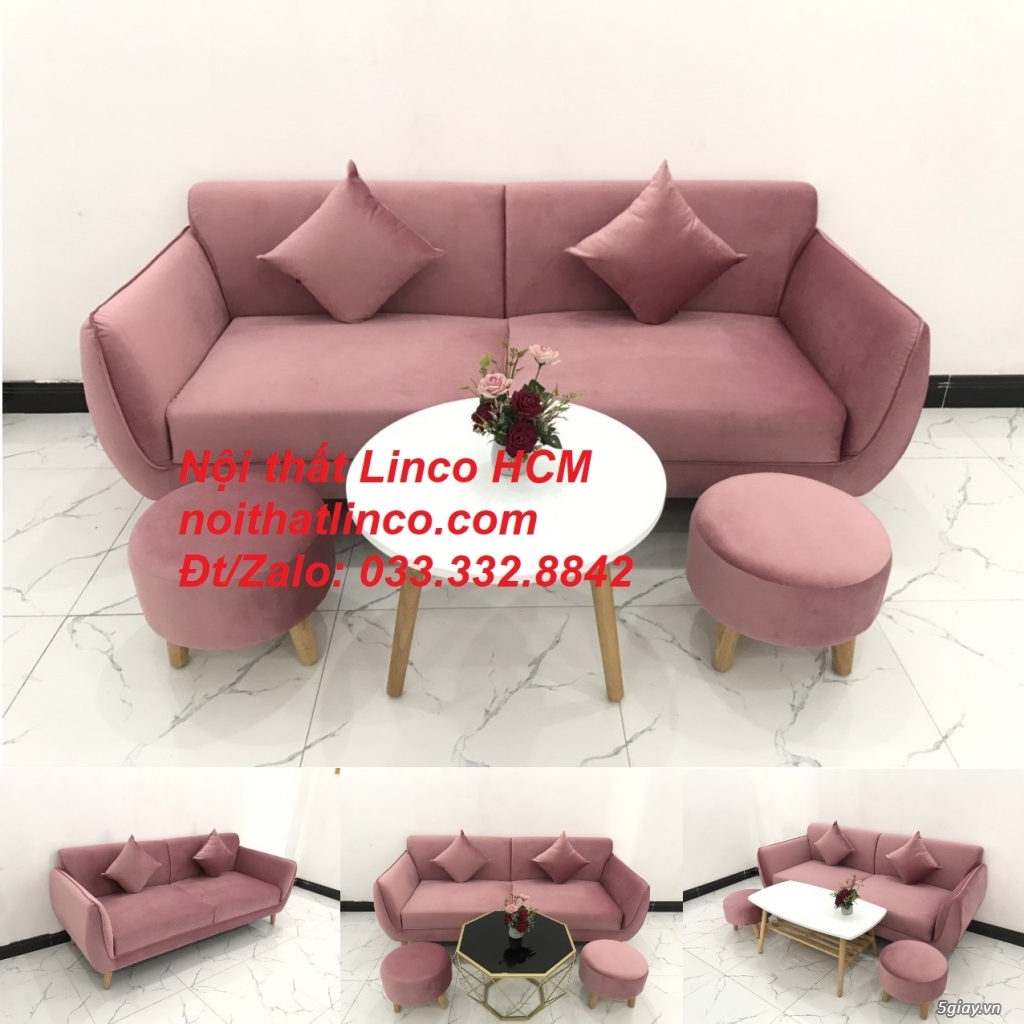 Bộ ghế sofa băng màu hồng hường vải nhung đẹp nhỏ gọn HCM Tphcm