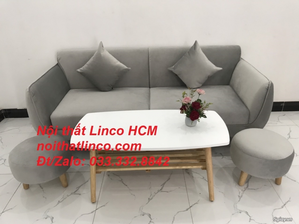 Bộ ghế sofa băng vải nhung xám ghi trắng cho phòng khách nhỏ HCM Tphcm - 3