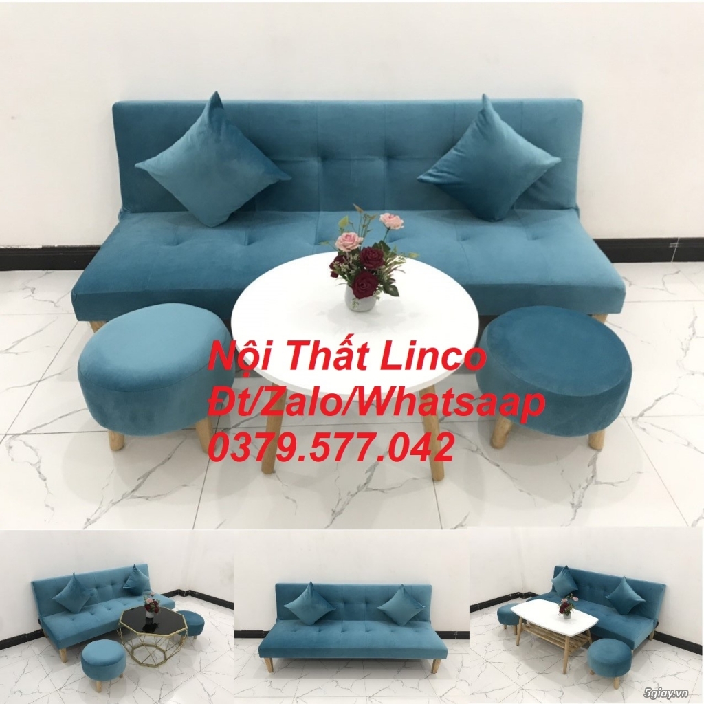 Ghế sofa giường giá rẻ màu xanh vải nhung Nội Thất Linco An Giang
