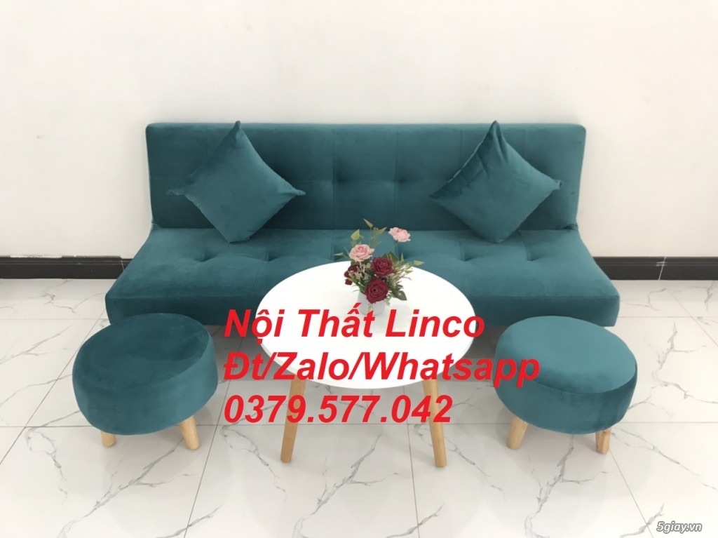 Bộ ghế sofa giường màu xanh vải nhung mềm Nội thất Linco Khánh Hòa - 3
