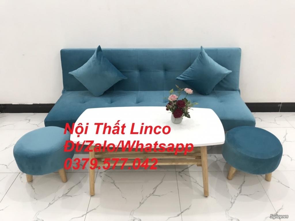 Bộ sofa giường bed vải nhung màu xanh dương Nội thất Linco Bến Tre - 3