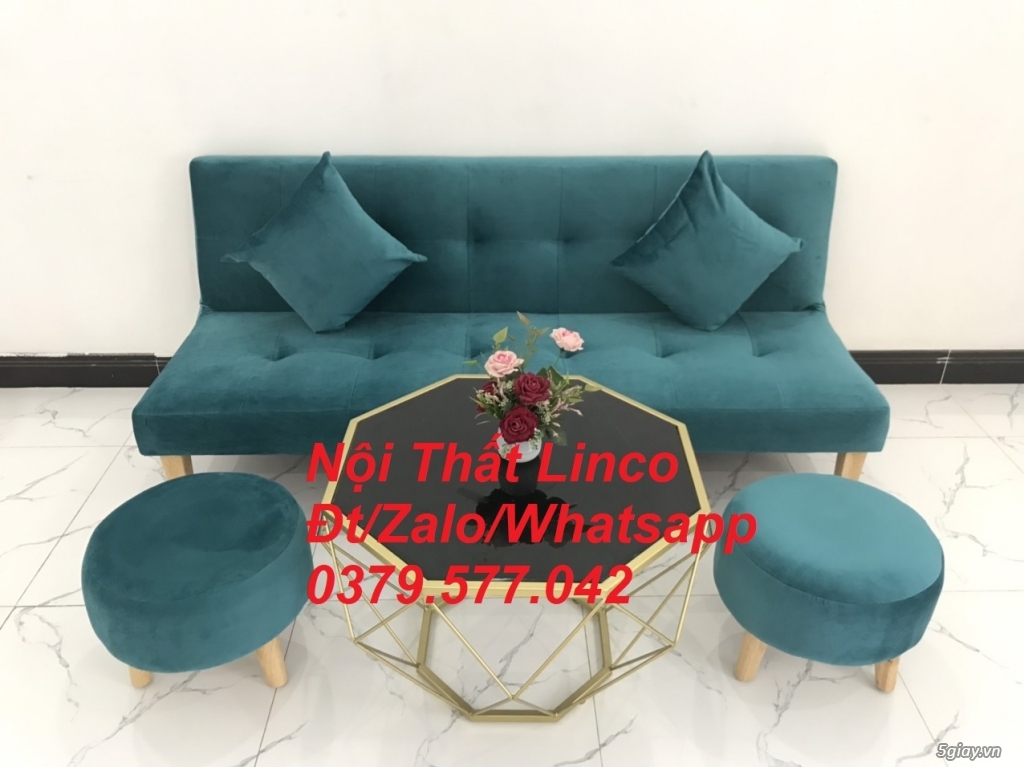 Bộ ghế sofa giường màu xanh vải nhung mềm Nội thất Linco Khánh Hòa - 5