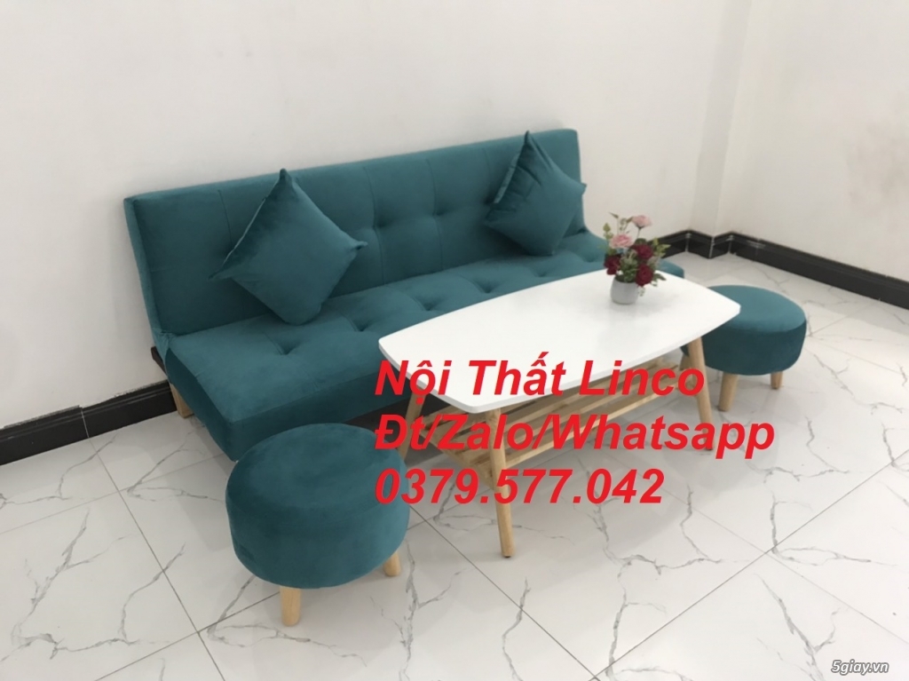Bộ ghế sofa giường màu xanh vải nhung mềm Nội thất Linco Khánh Hòa - 4