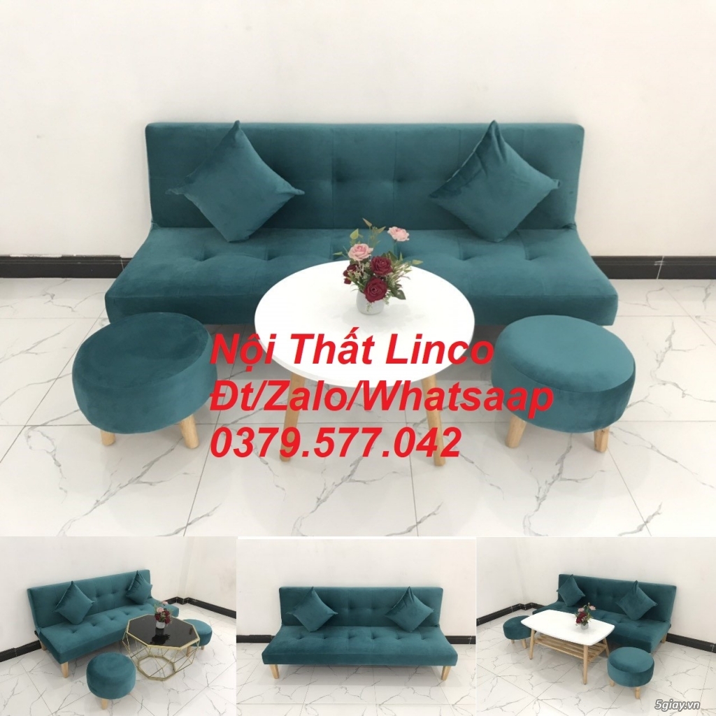 Bộ ghế sofa giường màu xanh vải nhung mềm Nội thất Linco Khánh Hòa