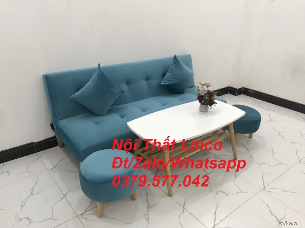 Ghế sofa giường giá rẻ màu xanh vải nhung Nội Thất Linco Lâm Đồng - 2