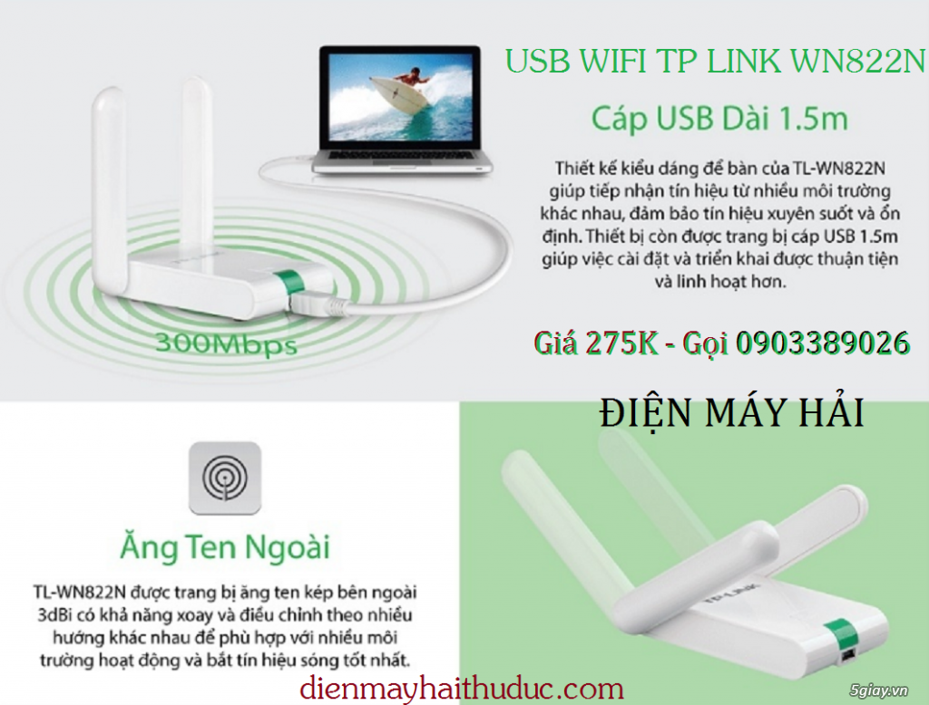 USB thu Wifi TP-Link TL-WN822N xài cho PC hoặc Laptop đều OK