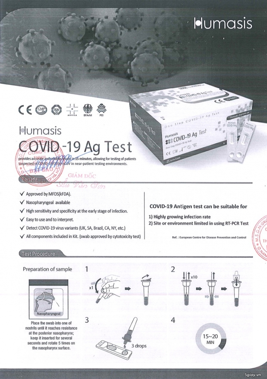 Kit test nhanh covid Humasis Hàn Quốc | 5giay