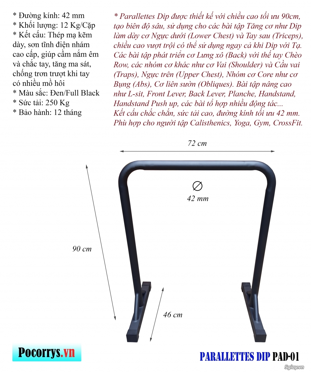 Parallettes Dip FULL BLACK - Xà kép mini Pocorrys PAD-01 - 2