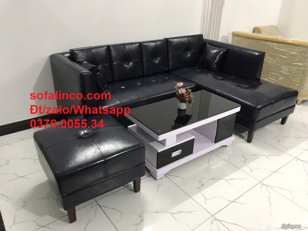 Mẫu sofa góc giả da cao cấp HCM | Ghế salon góc L simili xanh đen - 5