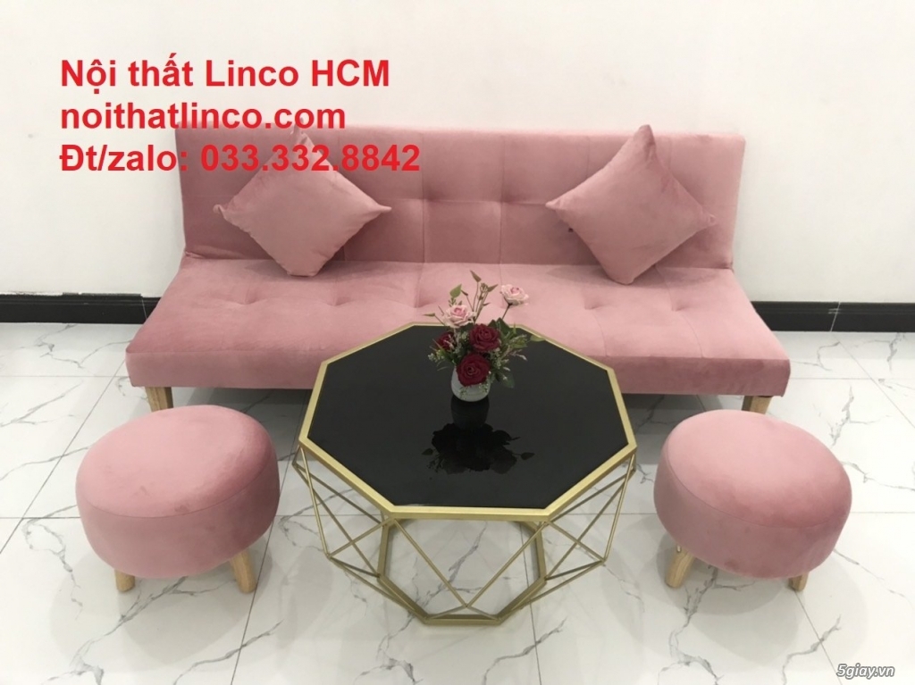 Bộ ghế sofa bed giường nhỏ gọn màu hồng hường vải nhung Sài Gòn HCM - 3