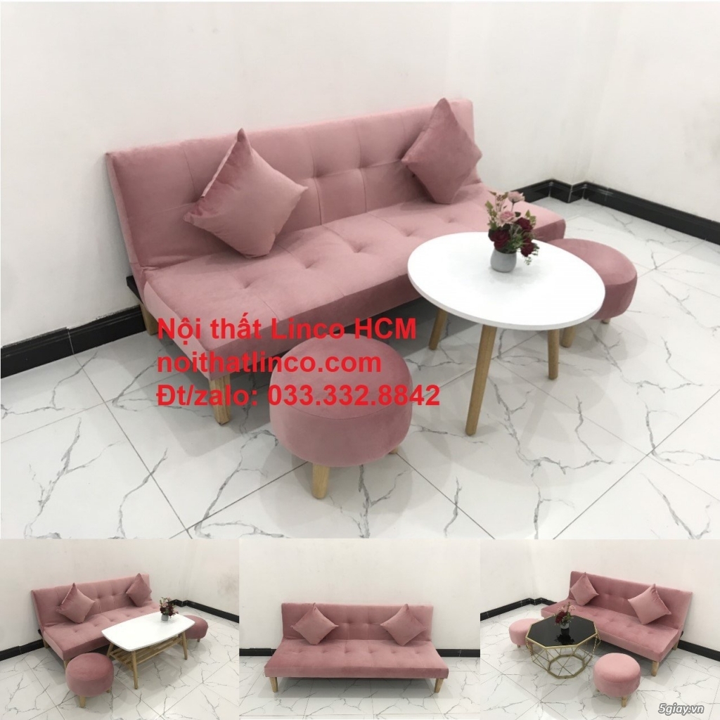 Bộ ghế sofa bed giường nhỏ gọn màu hồng hường vải nhung Sài Gòn HCM