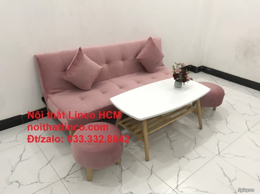 Bộ ghế sofa bed giường nhỏ gọn màu hồng hường vải nhung Sài Gòn HCM - 4