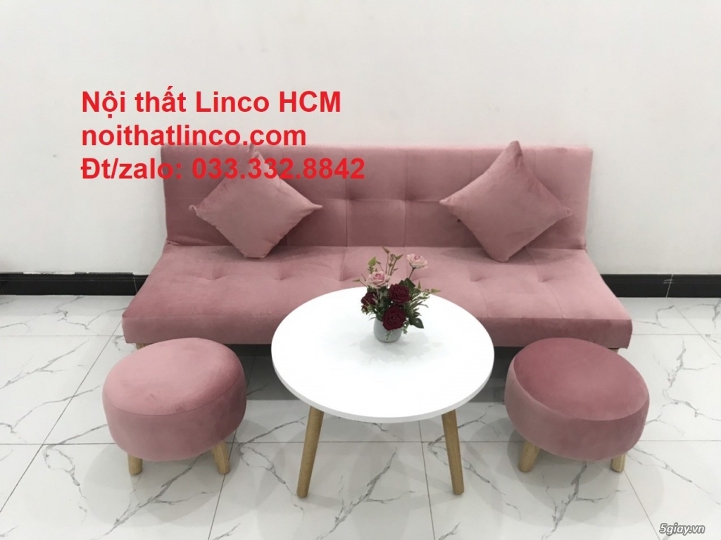 Bộ ghế sofa bed giường nhỏ gọn màu hồng hường vải nhung Sài Gòn HCM - 1
