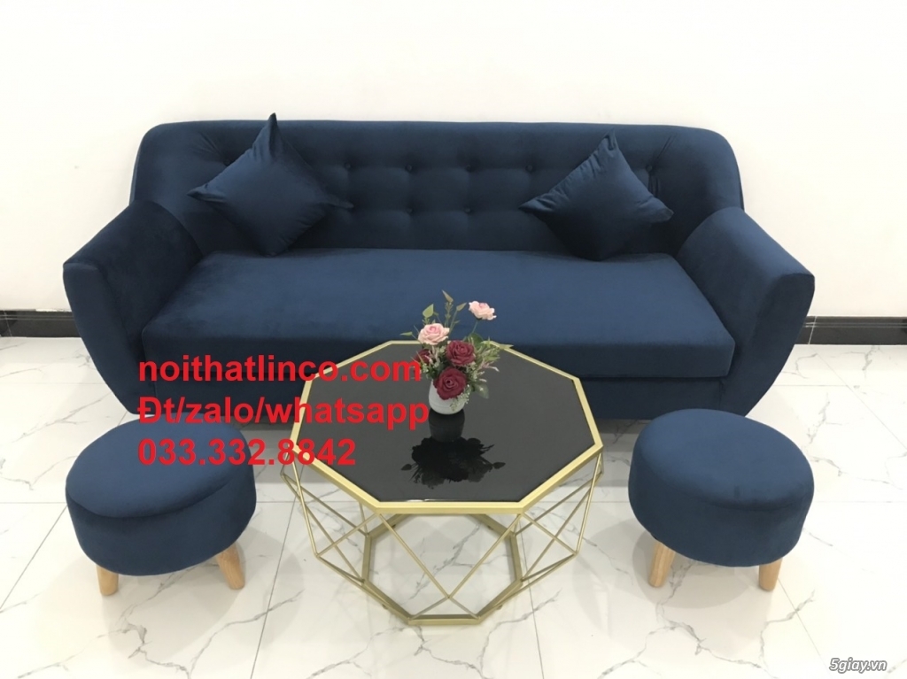 Bộ ghế sofa băng văng dài 1m9 xanh dương đen vải nhung giá rẻ HCM - 2