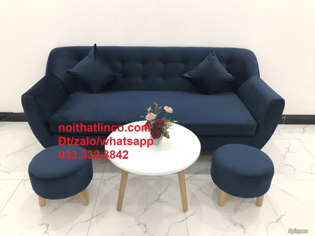 Bộ ghế sofa băng văng dài 1m9 xanh dương đen vải nhung giá rẻ HCM - 1