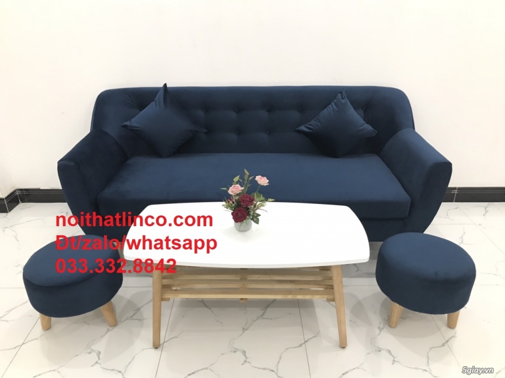 Bộ ghế sofa băng văng dài 1m9 xanh dương đen vải nhung giá rẻ HCM - 3