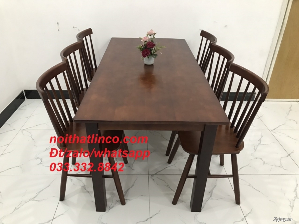 Bộ bàn ăn pinstool 7 nan 6 ghế màu cafe nâu Tphcm Sài Gòn - 1