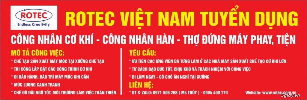 Tuyển dụng Công nhân Cơ khí- Công nhân Bàn Giao Máy Cơ khí - Rotec Việt Nam