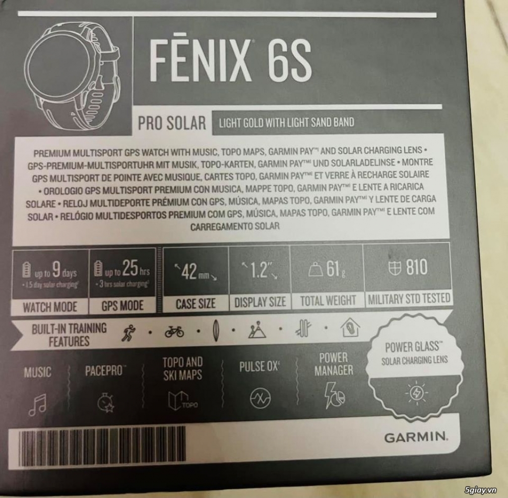 Đồng hồ thông minh Garmin Fenix 6S Pro Solar gold new 100% nguyên hộp - 1