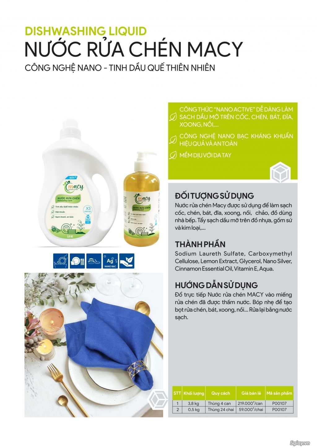Nước rửa chén bát nano bạc tinh dầu quế thiên nhiên Macy