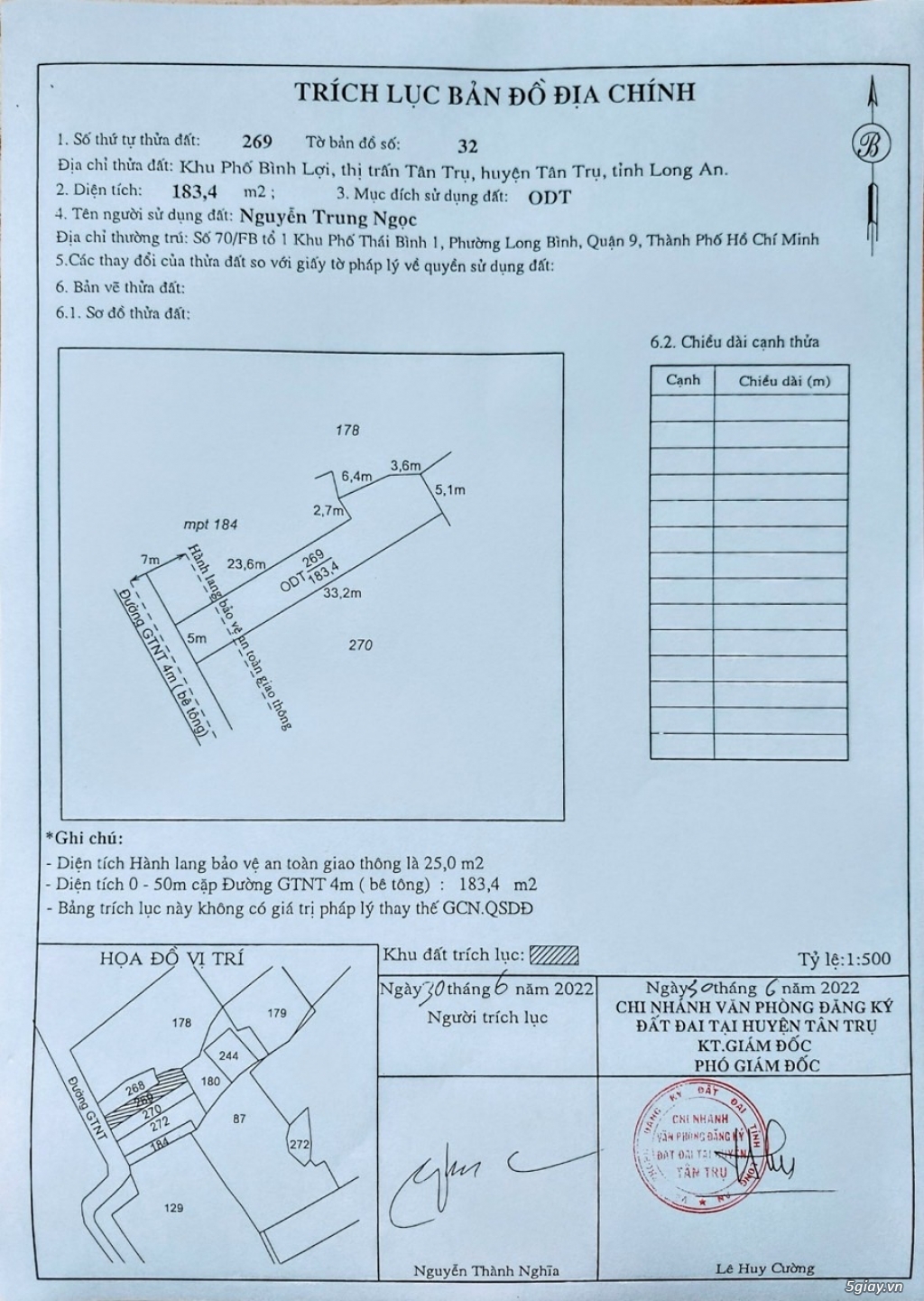 Long An - TT Tân Trụ cần bán đất ONT 183m2