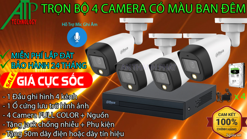 Lắp Đặt Trọn Bộ 4 Camera Thân Có Màu Ban Đêm