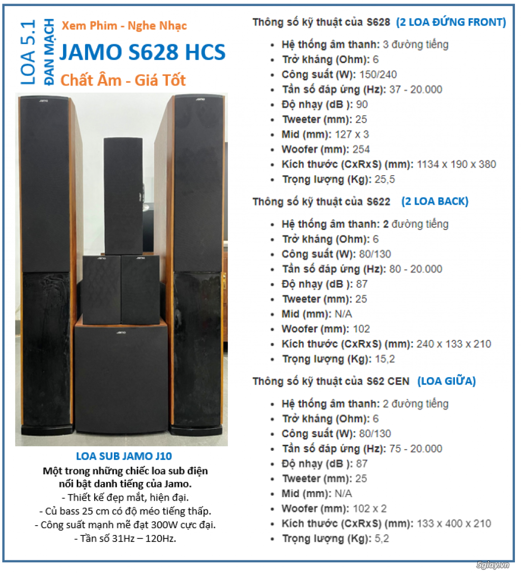 DÀN LOA 5.0 JAMO S628 HCS + Sub J10 -  ÍT SỬ DỤNG