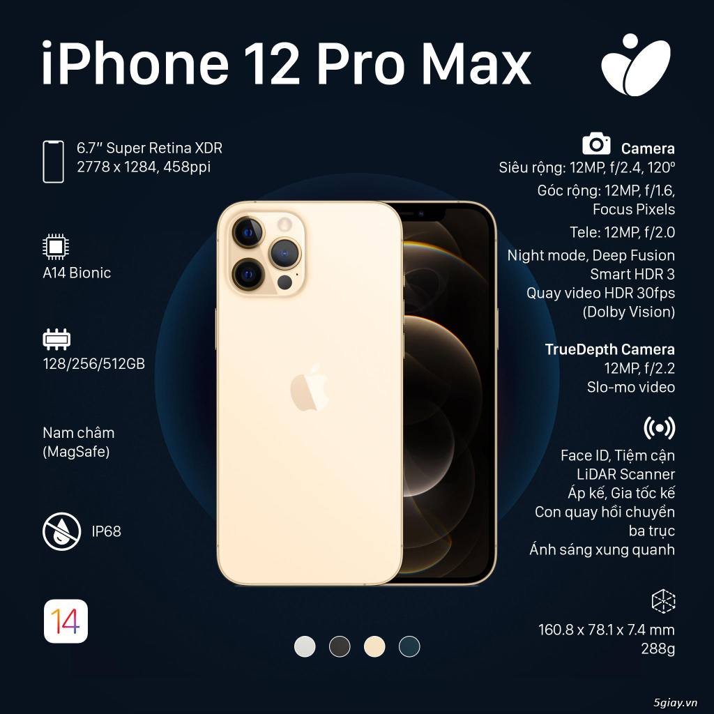 iPhone 12 Pro Max màn 6.7 Oled siêu đẹp, máy Mỹ  Zin 128GB - 256GB rẻ - 4