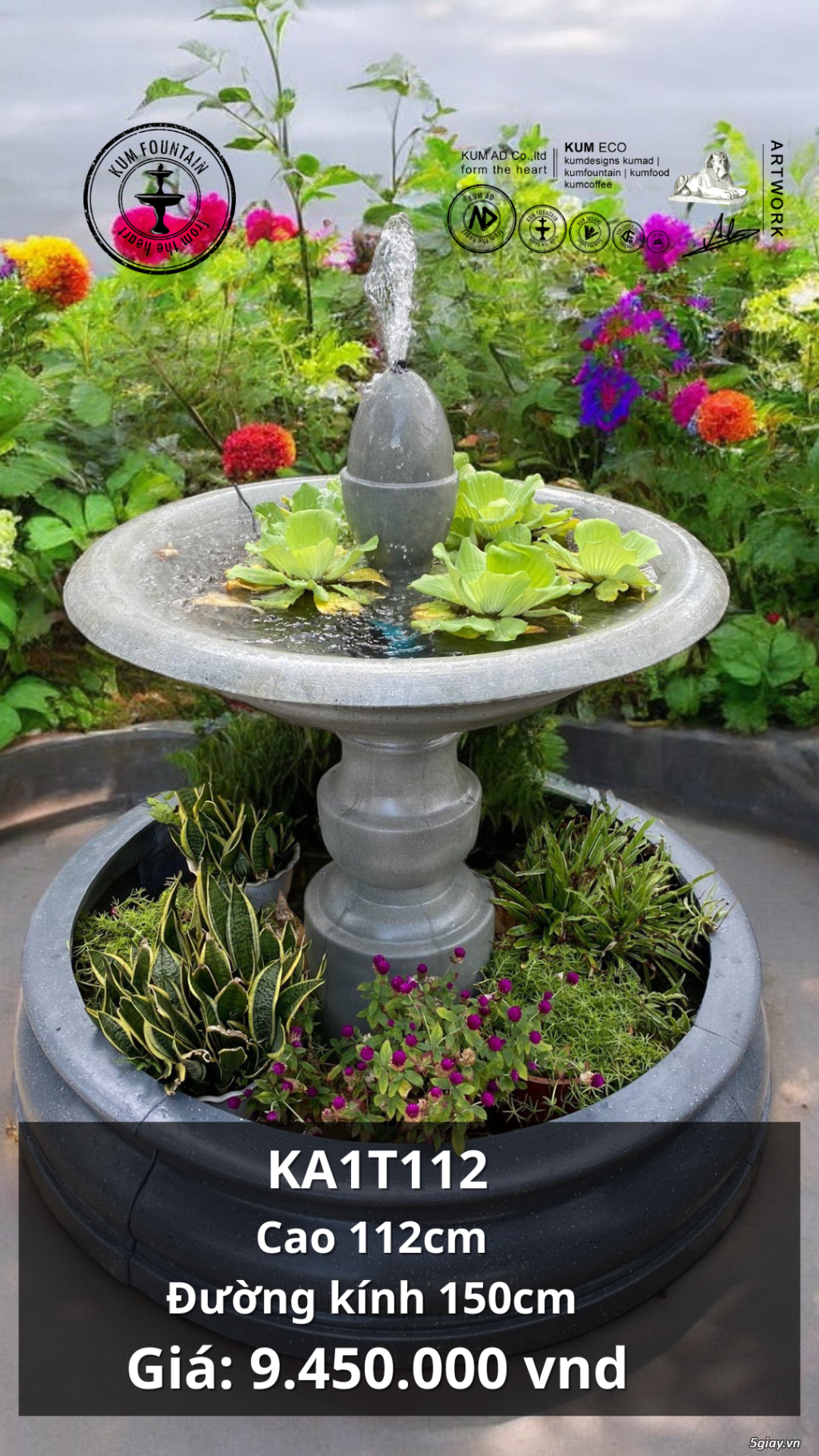 Đài nước sân vườn 1 tầng Kum Flower H112 x D150cm