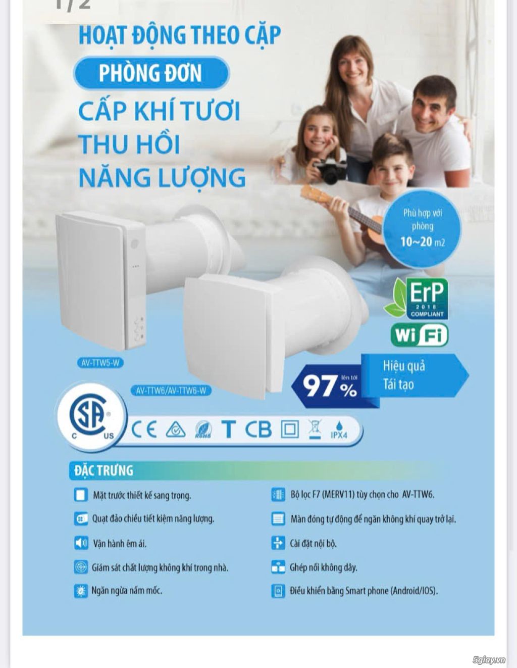 Máy cấp gió tươi hồi năng lượng ECO Pair Plus - Model AP-AVTT5-WF - 3