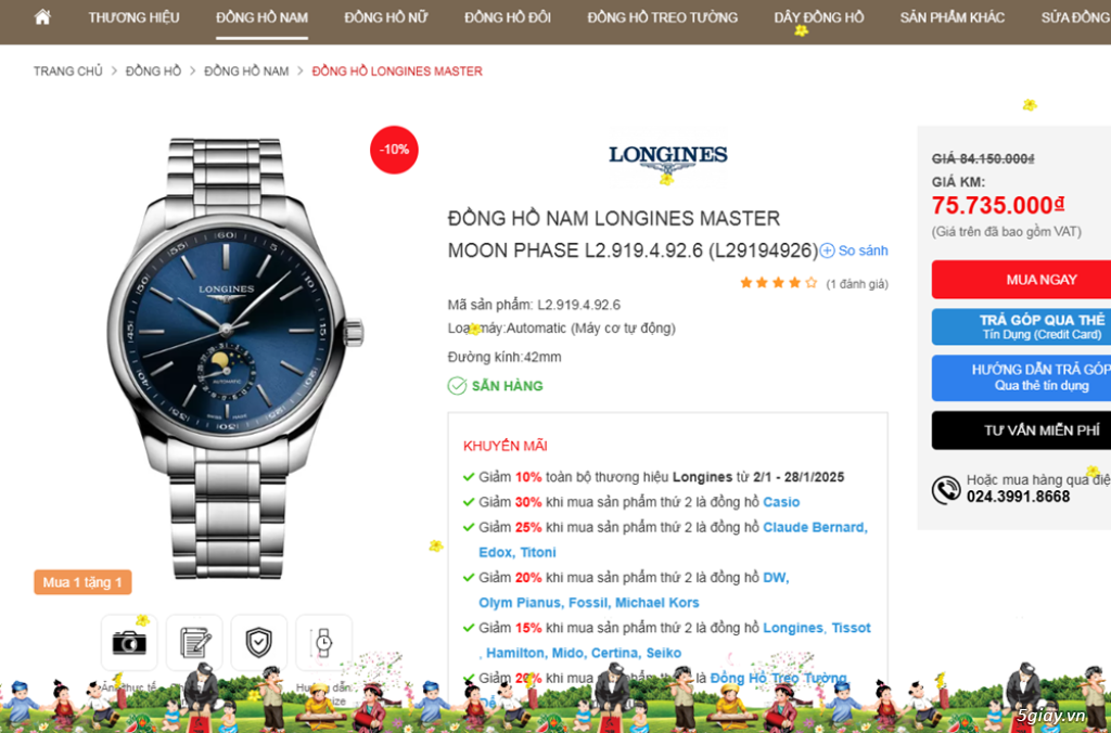 ĐH nam Longines Master MoonPhase xanh Blue Automatic size 42mm Fullbox - 15