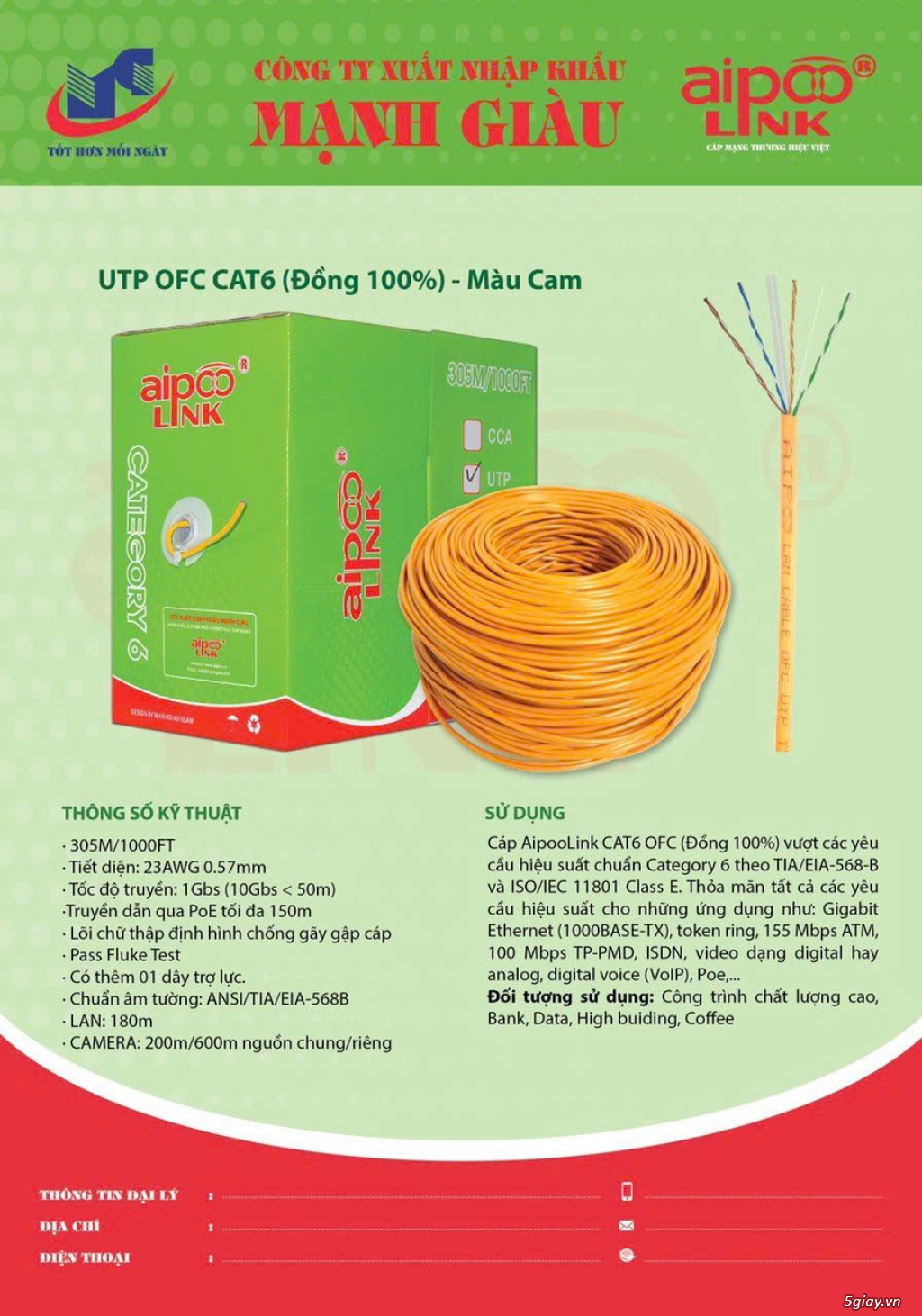 Cáp Mạng Aipoolink Cable UTP Cat6 OFC (100% đồng) - 2
