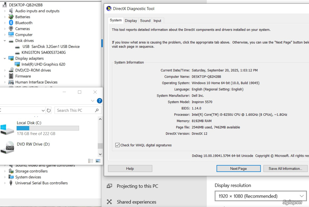 Dell Inspiron 5570 Core i5-8250U Ram 8GB SSD 240GB VGA ON Màn 15.6 FHD - 6