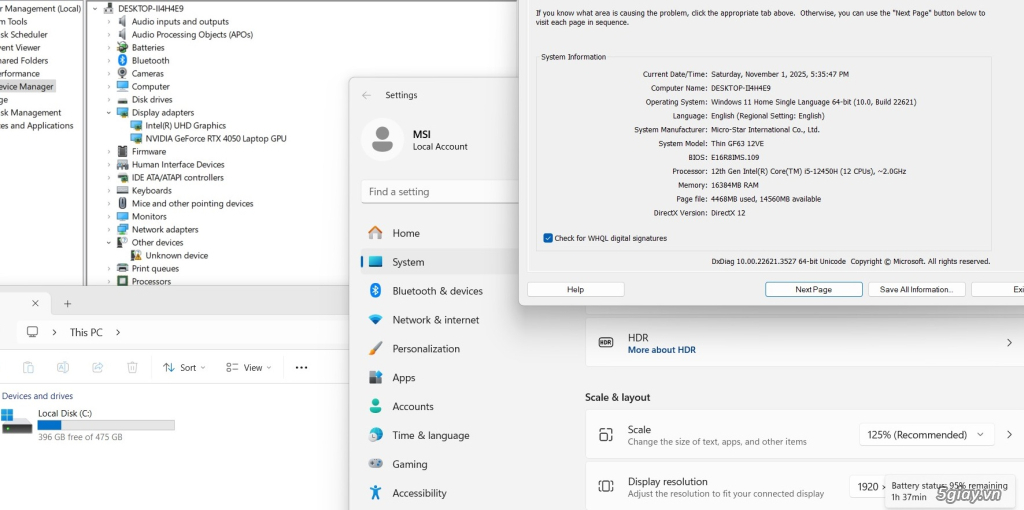 MSI GF63 Thin Core i5-12450H Ram 16GB SSD 512GB 2 VGA Rời RTX 4050 FHD - 6