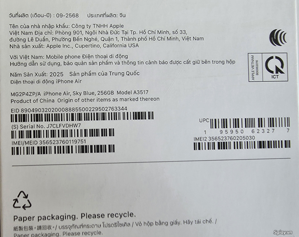 Iphone Air 256G Blue Zp/a Mới Sạc 14 Lần... ! - 1